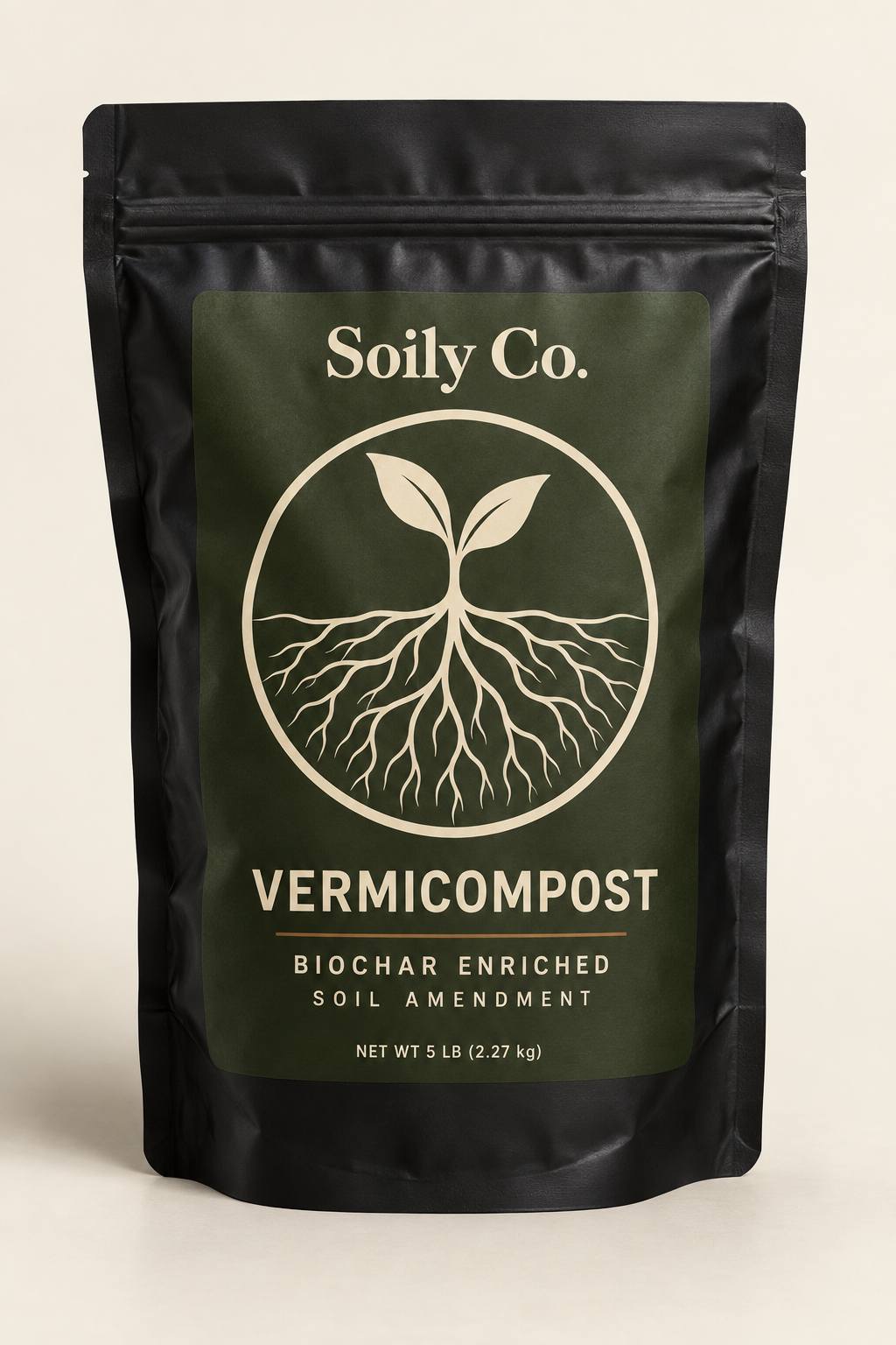 Packaging illustration of a black Soily Co. 5 lb vermicompost pouch with a green label, seedling-and-roots emblem, and biochar-enriched soil amendment text.