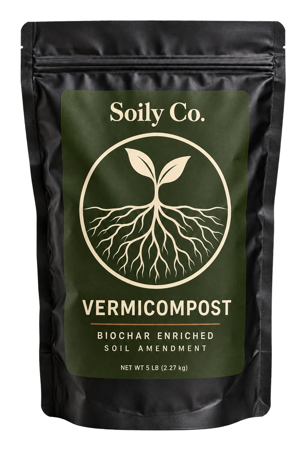 Soily Co. 5 lb packaging illustration: black pouch, olive label and cream roots emblem